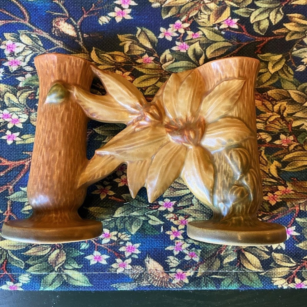 VTG Roseville Pottery Water Lily Double Vase Clementis 194-5 MCM